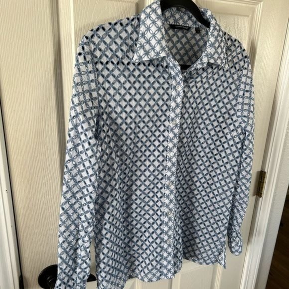 Samuel Dong Eyelet Cutout Button Down Long Sleeve Blouse, Blue White Sz Medium - Picture 12 of 16